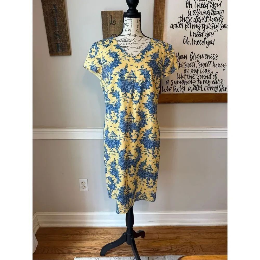 Talbots Women's Toile Print V-neck Sheath Dress Yellow And Blue Size 6